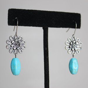 Unsigned Silver Tone Flower & Polished Turquoise Dangle Earrings